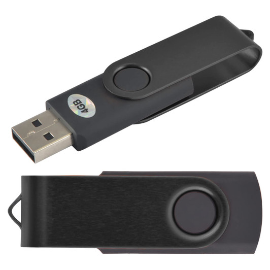 A swivel USB flash drive featuring a sleek black design with a rotating cover and a large button for easy use.