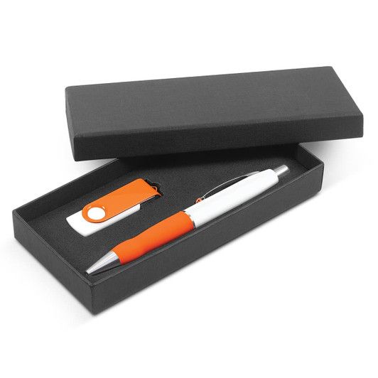 A black gift box containing an orange and white pen and an orange USB drive.