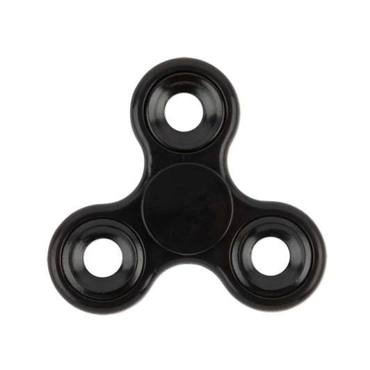 A black fidget spinner with three prongs and three circular holes.