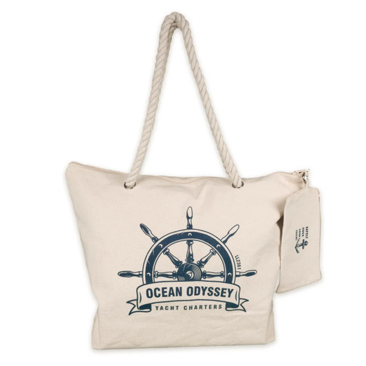 A cream-colored canvas tote bag featuring a nautical design and a rope handle, with a logo attached.