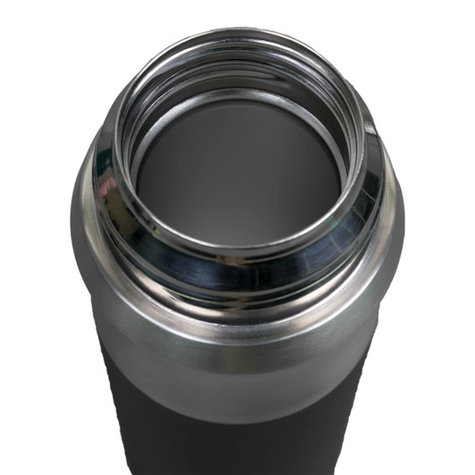 A drink bottle with a sleek stainless steel opening and a matte black exterior, designed for thermal insulation.