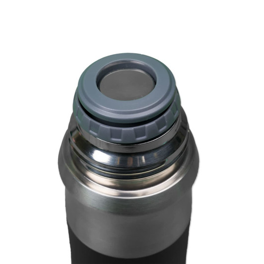 A drink bottle with a metallic finish and a grey lid featuring a circular opening, designed for liquid containment.