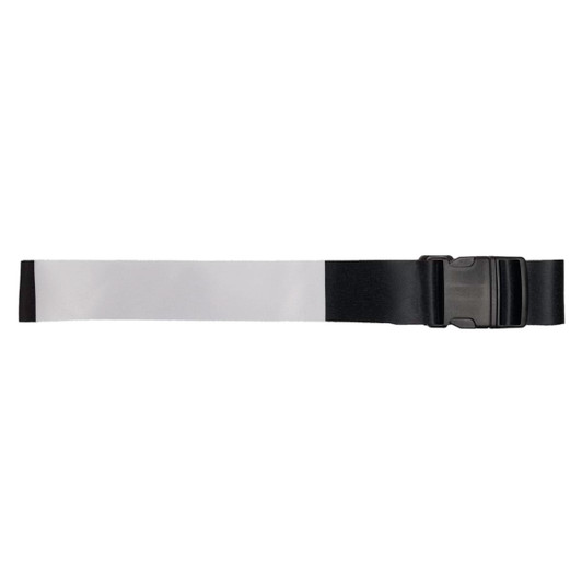 A luggage strap featuring a black adjustable buckle and a wide, reflective silver band for enhanced visibility.