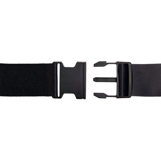 A luggage strap featuring a durable black fabric and a sturdy plastic buckle for secure fastening.