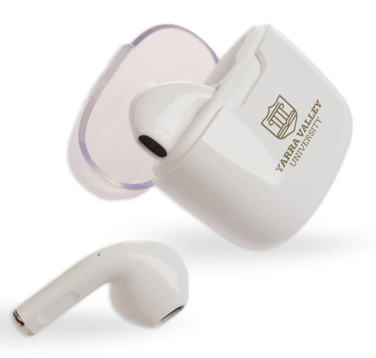 White Twista Earbuds with a charging case, featuring a logo, positioned against a plain background.