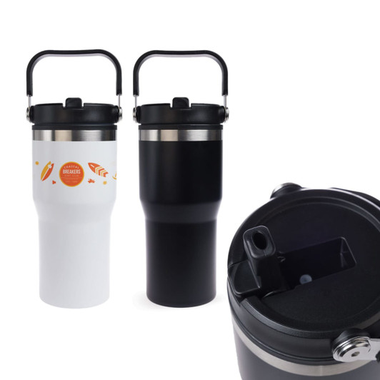 A drink bottle featuring a handle, available in white with graphics and matte black, with a spill-resistant lid.