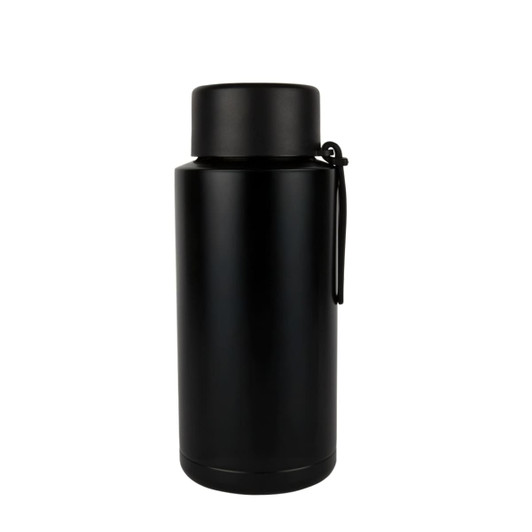 A drink bottle in matte black stainless steel with a lid and a strap. It has a minimalist design and a logo.