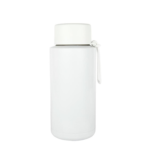 A drink bottle in sleek white, featuring a lid and a design that includes a logo. Ideal for everyday use.