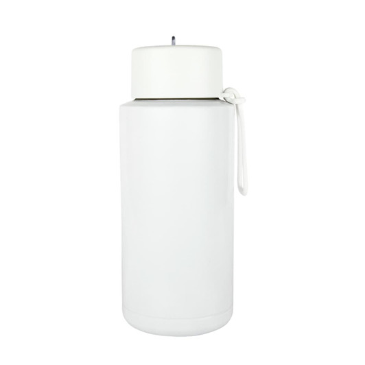 A drink bottle in white, featuring a lid and carry strap, with a logo on the body.