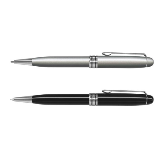 A collection of two metal pens, one in a silver finish and the other in a sleek black design, featuring chrome accents.