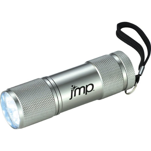 A silver LED flashlight with a textured grip and a wrist strap, featuring a logo on its body.