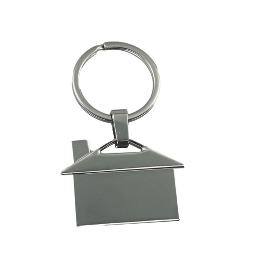 A house-shaped metal keyring in silver, featuring a sleek design with a keychain loop.