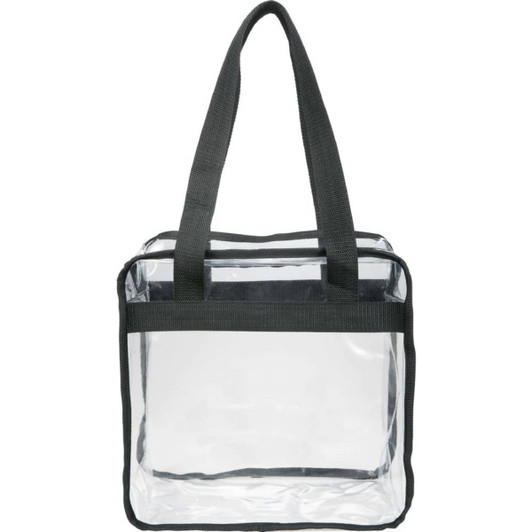 A clear zippered safety tote with black handles, featuring a spacious interior and a simple design.