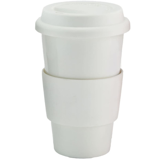 A ceramic coffee mug in white, featuring a lid and a silicone grip band. It has a branding logo.