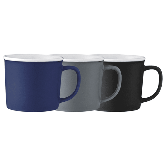 A set of three ceramic mugs in navy, grey, and black, each featuring a handle and a white interior.