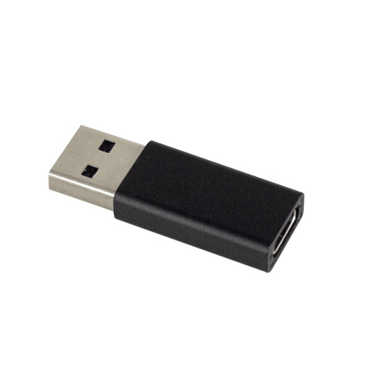 A black USB C adapter with a silver USB connector, designed for travel and technology use.