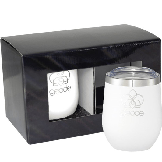 A gift box containing two white drinkware pieces with a silver lid and a logo. The box is black with a clear display window.