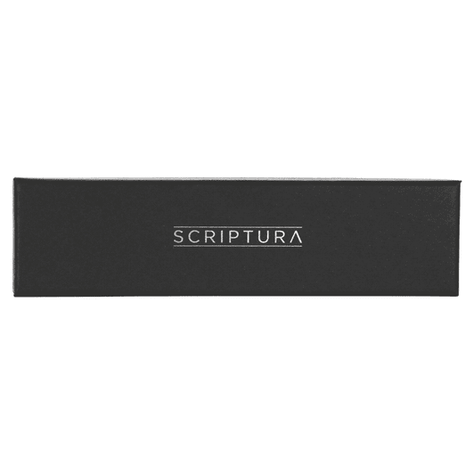 A black gift box featuring a logo on top, designed for the Scriptura pen.