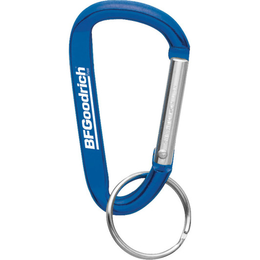 A blue carabiner keyring with a silver attachment, featuring a logo.