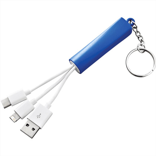 A blue keychain with a light-up logo and three charging cables: USB, micro USB, and lightning.