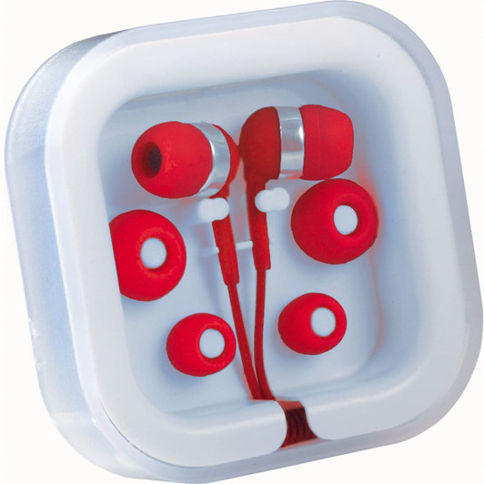 Red Colour Pop Earbuds with a microphone, featuring various earbud sizes in a clear case.