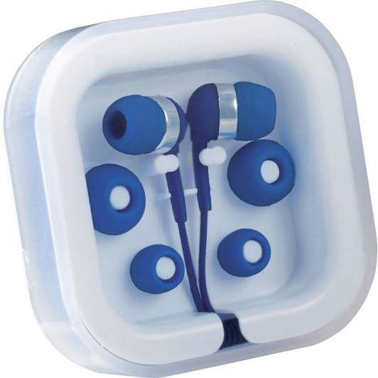 Colour Pop Earbuds in blue, featuring multiple ear tip sizes, packaged in a clear case with a branded logo.