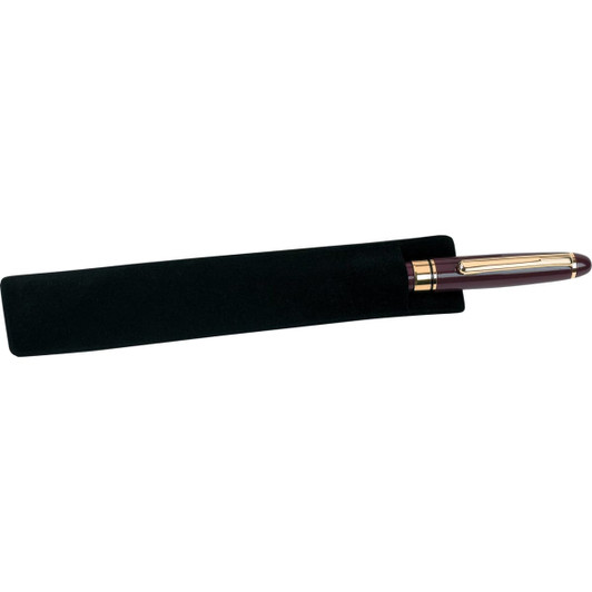 A black velvet pouch with a pen partially visible inside. It has a logo on the exterior.