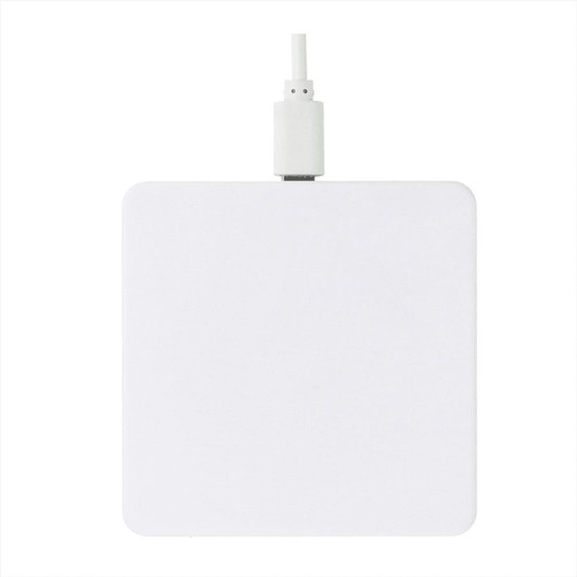 A square white wireless charging pad with a white cable attached. It features a logo on the surface.
