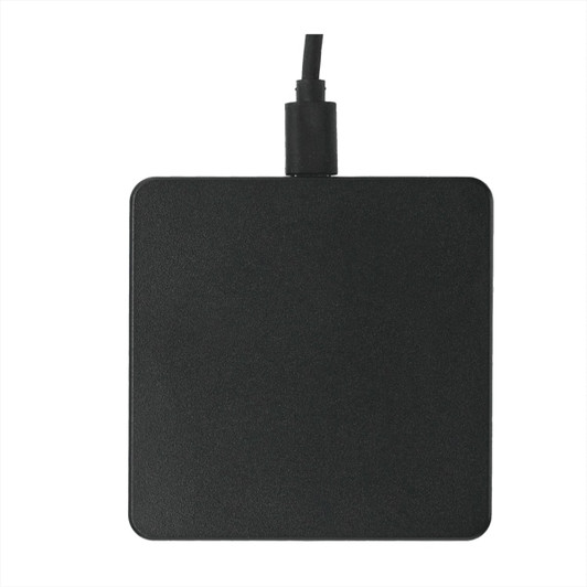 A square wireless charging pad in black, featuring a connection cable at one edge. The surface has a matte finish.