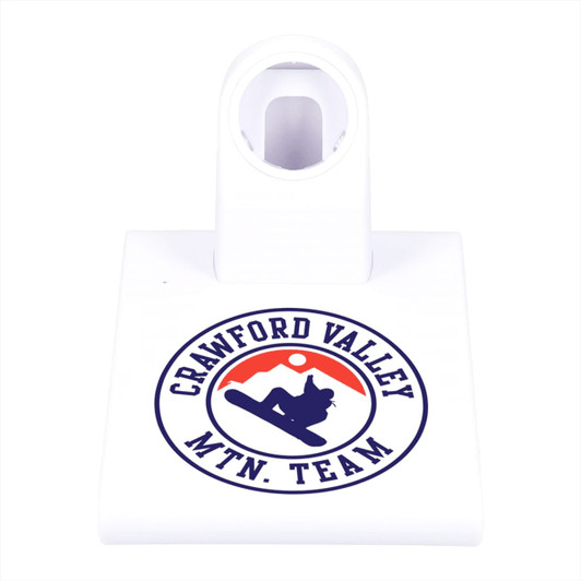 A white wireless charging pad with an iWatch holder and a logo featuring a snowboarding design.