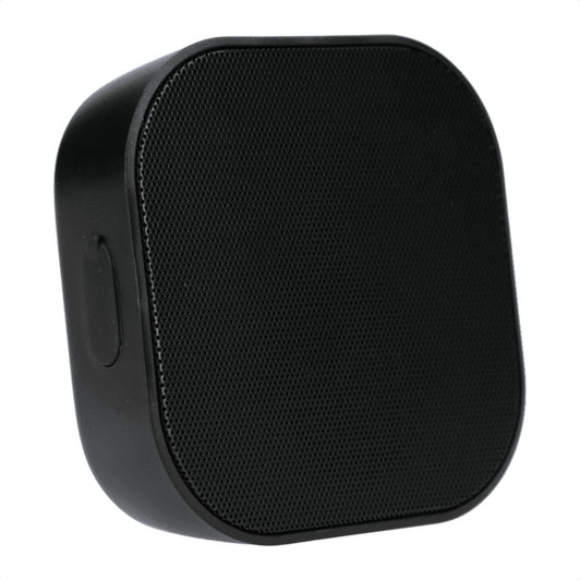 A black Bluetooth speaker with a smooth surface and a mesh front for sound output, featuring a side control button.