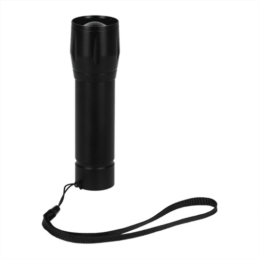 A black mini rechargeable flashlight with a wrist strap, featuring a sleek cylindrical design.