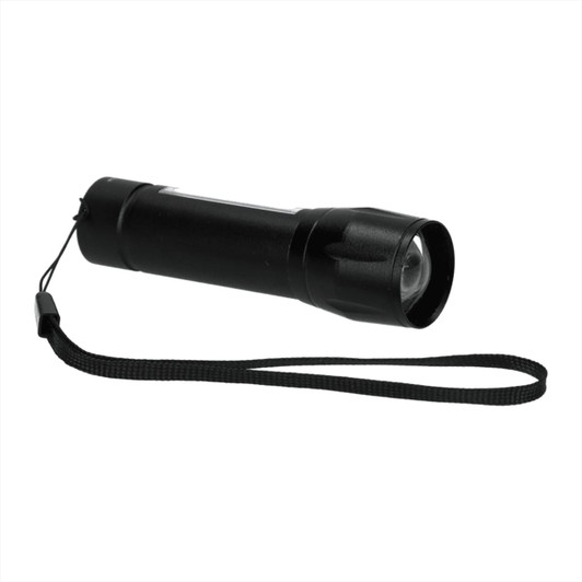 A compact black rechargeable flashlight with a wrist strap, featuring a bright 50 lumen light.