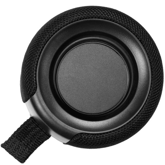 A round, black Breakaway Bluetooth speaker with a textured fabric surface and a strap for easy carrying.