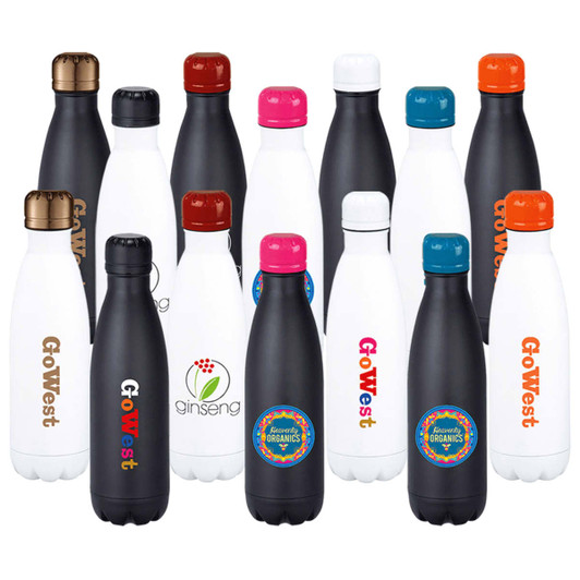 A drink bottle featuring a copper vacuum insulated design, available in various colours and styles, with logos.