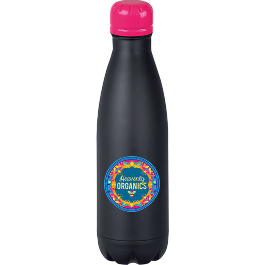 A drink bottle featuring a sleek black design with a pink lid and a colourful logo label.