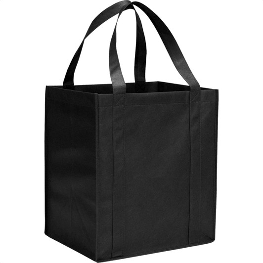 A black non-woven grocery tote with sturdy handles and a square body, featuring a logo.