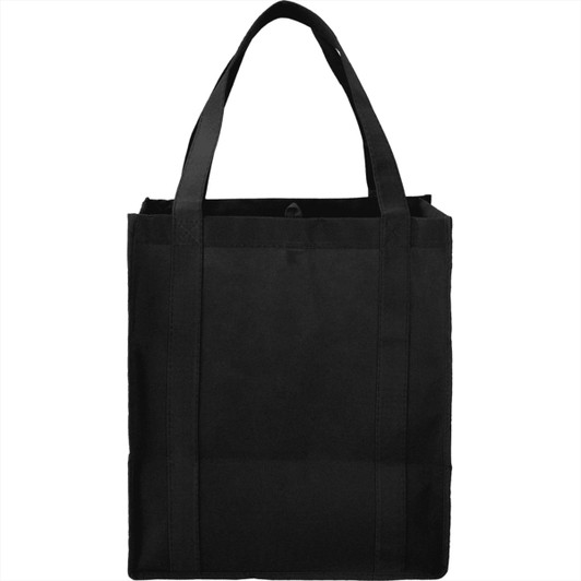 A black non-woven grocery tote bag with sturdy handles and a rectangular shape. It features a logo.