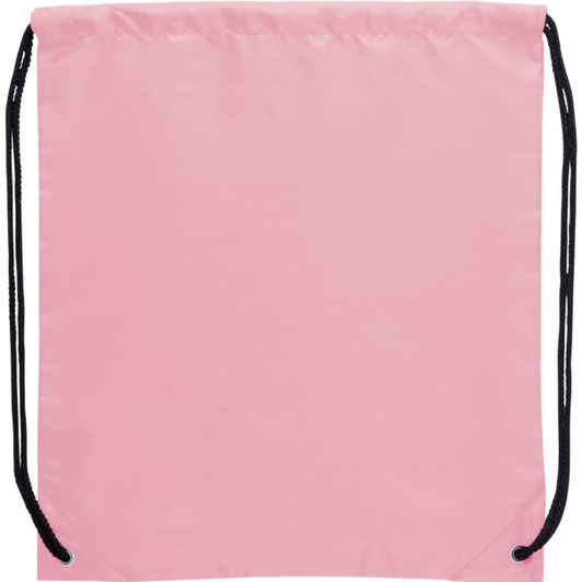 A pink drawstring sportspack with black drawstrings and a logo. Ideal for carrying small items.