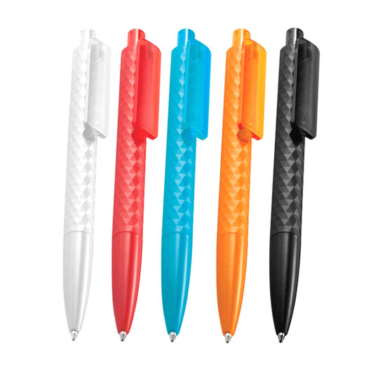 A set of geometric ballpoint pens in white, red, blue, orange, and black, featuring a textured design and clips.