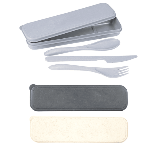 A bamboo fibre cutlery set in grey, black, and cream, featuring a knife, fork, spoon, and a storage case with a logo.