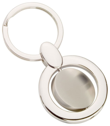 A silver swivel keyring featuring a circular design with a smooth finish and a central pivot point.
