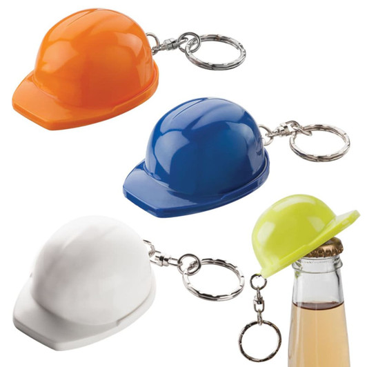 A collection of hard hat keyrings in orange, blue, white, and yellow, each with a metallic keychain attachment.
