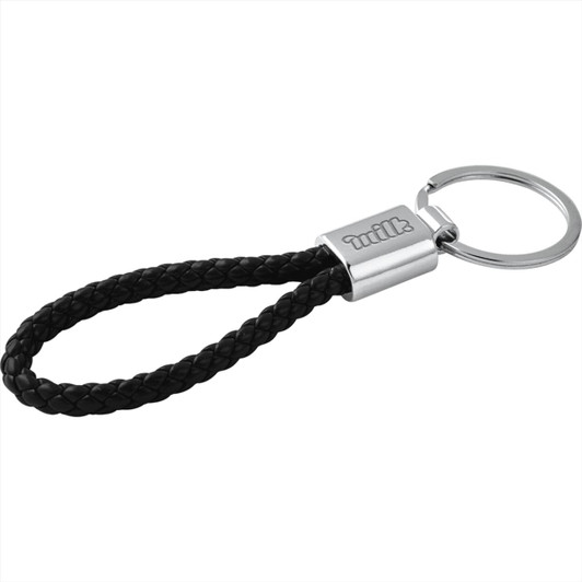 A black vegan leather twist key ring with a silver metal accent and a keyring attachment.