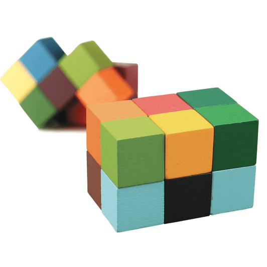A colourful wooden block puzzle featuring various shades of blue, green, yellow, and orange, with a logo visible.
