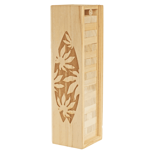 A wooden Tumbling Tower game featuring a decorative leaf design, stacked blocks in a vertical orientation.
