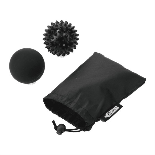A black massage ball set featuring two textured balls and a drawstring pouch.