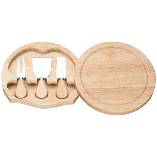 A wooden cheese board set featuring three stainless steel knives with wooden handles. Includes a round serving board.