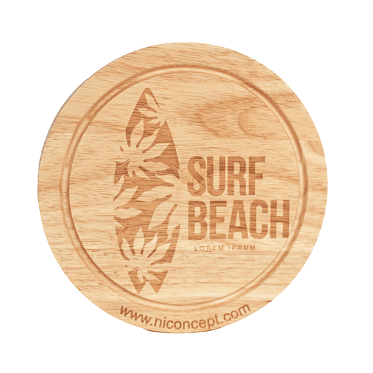 A round wooden cheese board featuring a surfboard design and engraved text, showcasing natural wood tones.