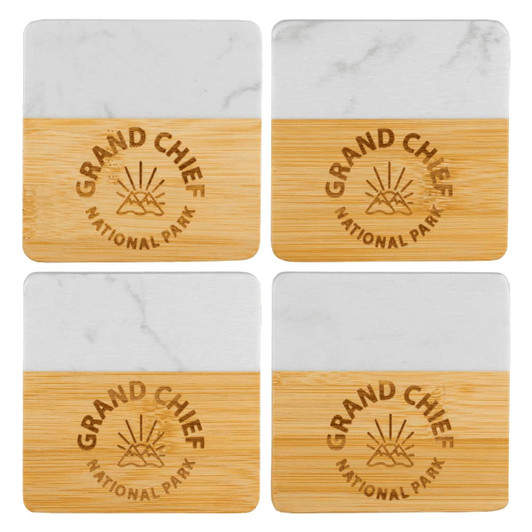 A set of four square coasters featuring a marble top and bamboo bottom, each with a branded logo.